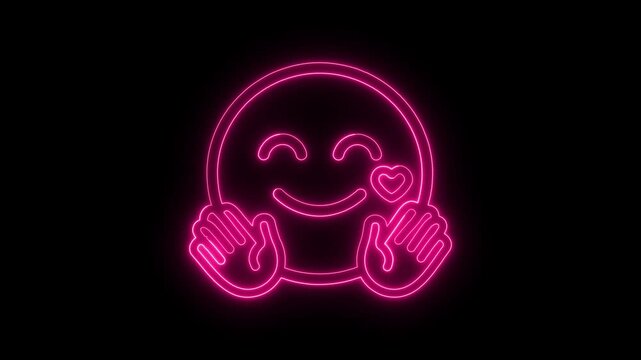 Pink glowing neon hugging kissing face emoji icon with heart symbol on black background