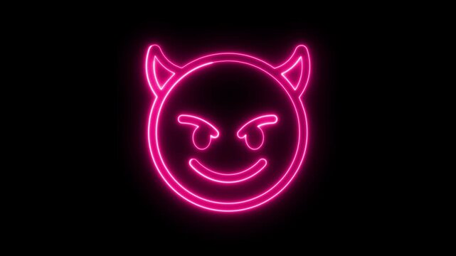 Glowing pink neon devil emoji face symbol on black background