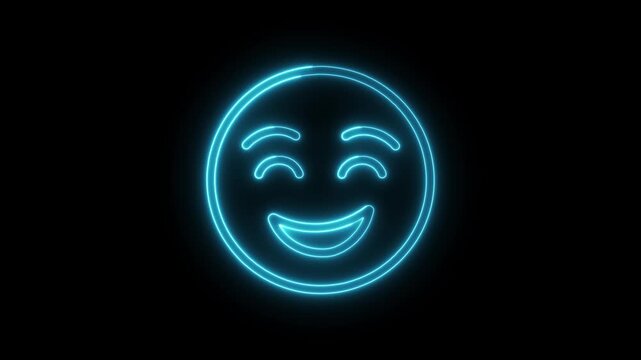 Glowing neon blue laughing emoji icon animation loop on dark background