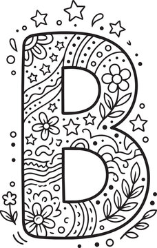 Letter B Decorative Floral Mandala Line Art - Black and White Coloring Page Vector
