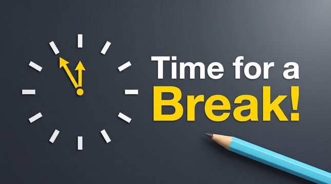 Time for a Break Concept with Clock and Pencil on Dark Background