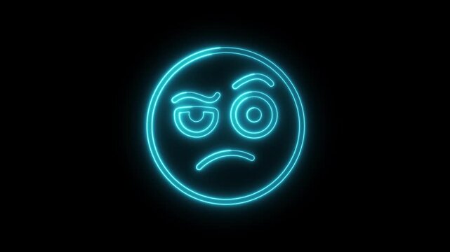 Thoughtful blue neon skeptical face emoji illustration with raised eyebrow isolated on black background