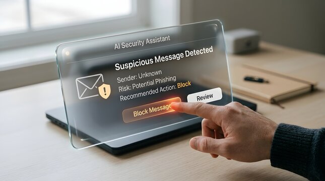 AI Security Assistant interface with suspicious message detection alert and block action button, futuristic HUD display, phishing protection software, phishing protection technology concept.