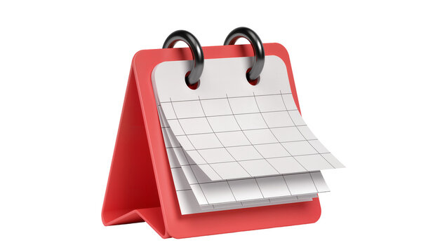 Red desk calendar with blank grid pages, isolated on transparent background