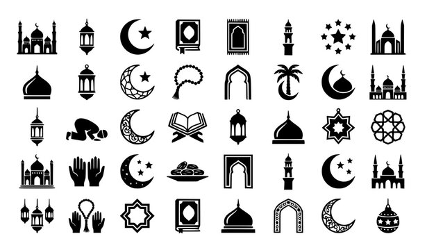 Minimal Ramadan Kareem mosque crescent star Islamic icon vector collection