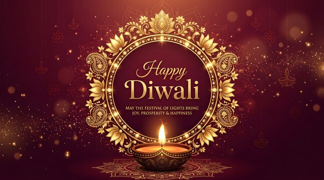 Happy diwali festive greeting with a glowing diya lamp and ornate golden floral mandala frame on a dark red background