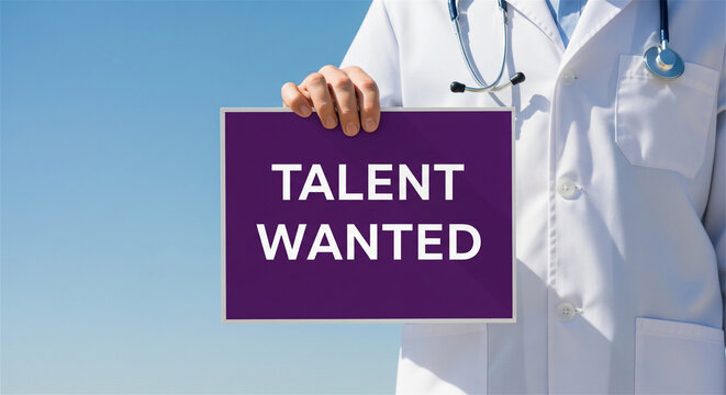 Medical talent wanted sign held by doctor, healthcare recruitment concept, professional physician hiring campaign