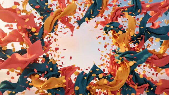 Abstract 3d Animation of Colorful Fabric Ribbons and Confetti Swirling in a Circular Motion