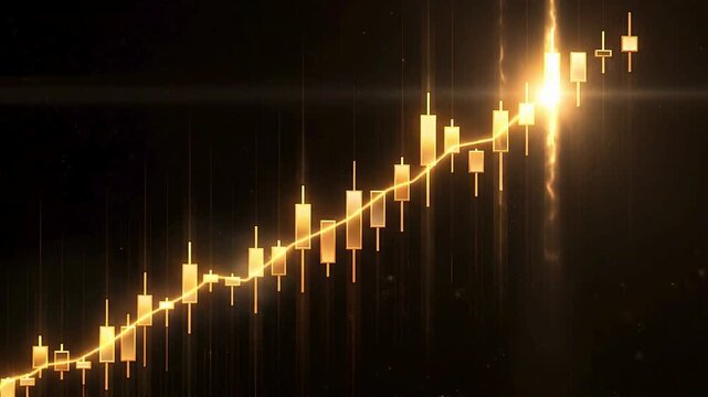 Bullish stock market trading animation with rising golden candlestick chart, investment growth, financial performance, market trends and digital fintech business analytics background video