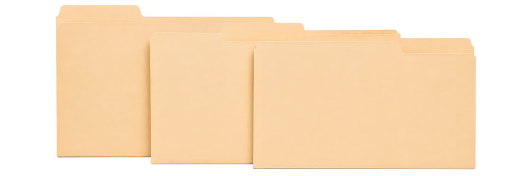Several manila folders are neatly arranged and overlapping on a transparent background for organization and document management purposes.