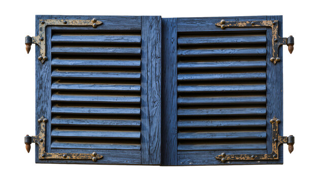 Dark blue wooden louvered shutters with ornate metal hinges, isolated on transparent background