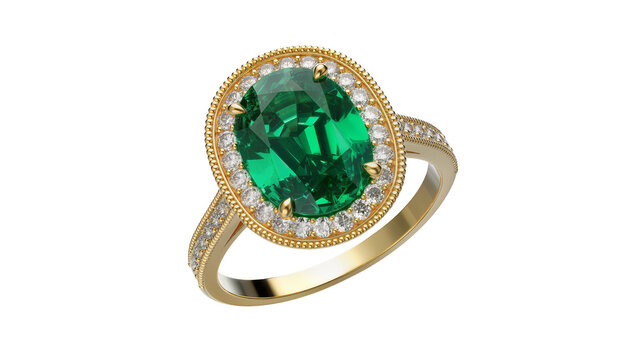 Oval emerald ring with diamond halo and gold band, isolated on transparent background