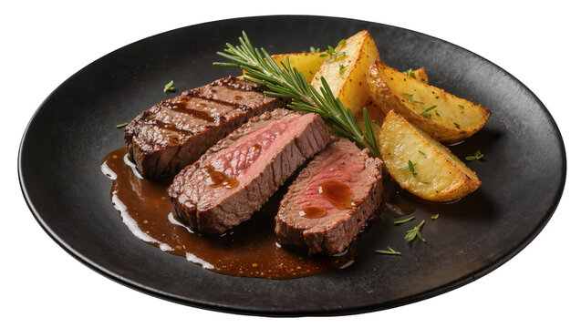 Juicy grilled steak slices with roasted potato wedges and rosemary, isolated on transparent background