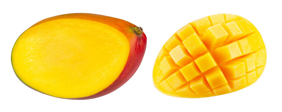 Mango with a part cut off, and large slice of mango in turn cut into square pieces  isolated on white