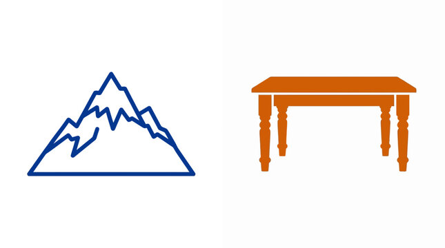 Minimalist mountain outline and classic wooden table silhouette icon set