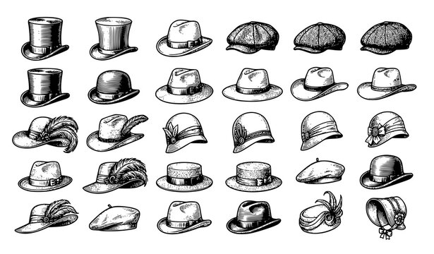 Vintage hat collection engraving ink line art vector illustration