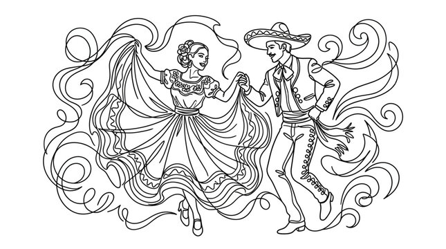 Couple performing traditional Mexican folk dance in decorative line art style