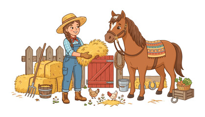 Fototapeta premium Cute cowgirl feeding horse with hay ranch farm scene cartoon vector illustration background for kids education