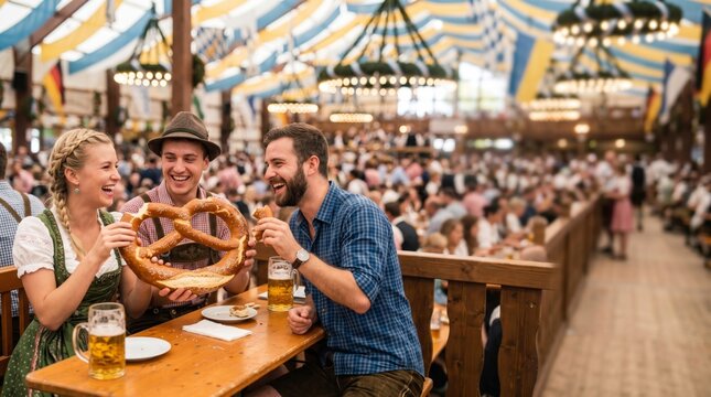 Three cheerful friends share a giant pretzel and beer while celebrating Oktoberfest inside a crowded festival hall