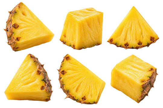 Collection of fresh pineapple chunks and wedges with golden yellow flesh, isolated on transparent background.
