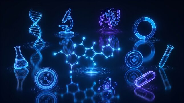 Pharmaceutical drug discovery holographic molecule DNA research laboratory icons dark background, medical research development clinical trial technology healthcare innovation concept

