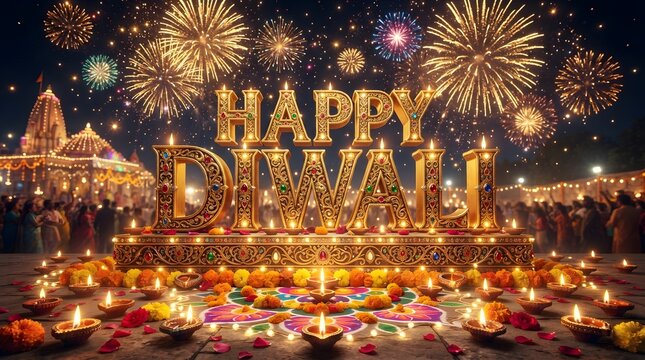 Happy diwali celebration with golden 3d typography, fireworks in the night sky, temple background, and traditional diya lamps on rangoli