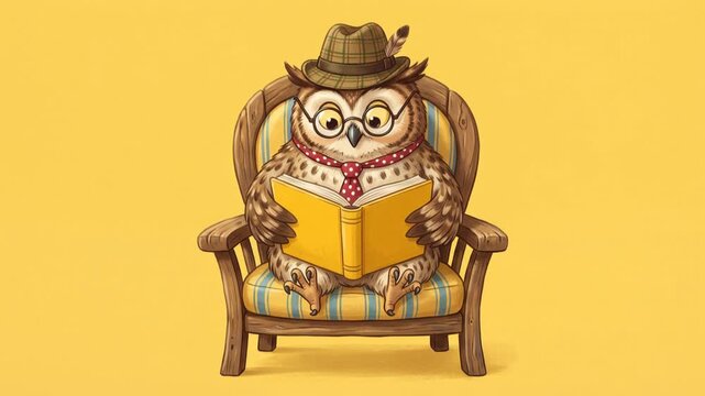 Whimsical owl reading a book while sitting on a wooden chair, charming educational character concept, 4K video