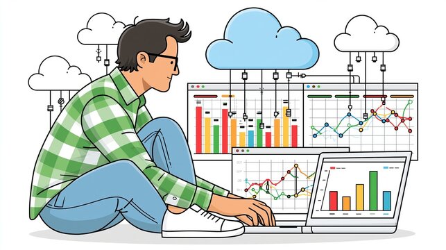 Young man in a plaid shirt sits while analyzing complex digital financial charts on his laptop in a flat illustration