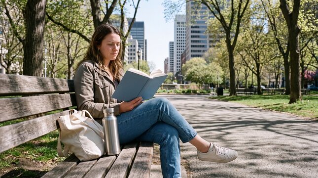Young woman deeply engaged in reading a book in a city park