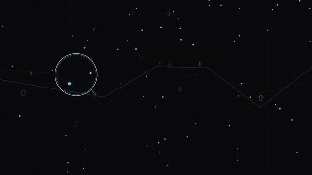 Digital magnifying glass scanning moving data line chart with nodes and constellations on dark background for tech motion video footage