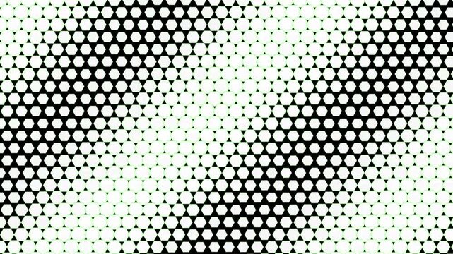 Hexagonal geometric pattern in motion featuring repeating black and white shapes with soft lime green accents for modern digital animation
