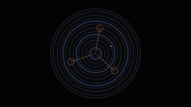 Concentric blue circles with rotating orange pointer arms forming a digital radar screen animation for modern motion design background footage