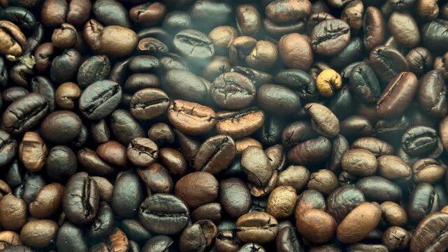 Freshly roasted coffee beans with subtle steam rising, hot aromatic roasting, coffee manufacturing.