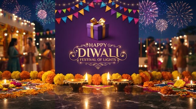 Happy diwali festival of lights celebration with a gift box, colorful bunting, and traditional oil lamps