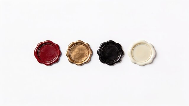 features four wax seals arranged horizontally against a white background. Each seal is circular with a slightly irregular edge, giving them an authentic, handcrafted appearance. From left to right, th