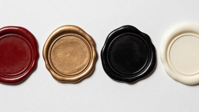 features four wax seals arranged horizontally against a white background. Each seal is circular with a slightly irregular edge, giving them an authentic, handcrafted appearance. From left to right, th