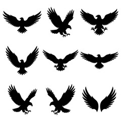 Fototapeta premium Angry eagle vector black silhouette collection depicting powerful flying wild birds with open wings and sharp claws for tattoo emblem logo and heraldic crest graphic design.