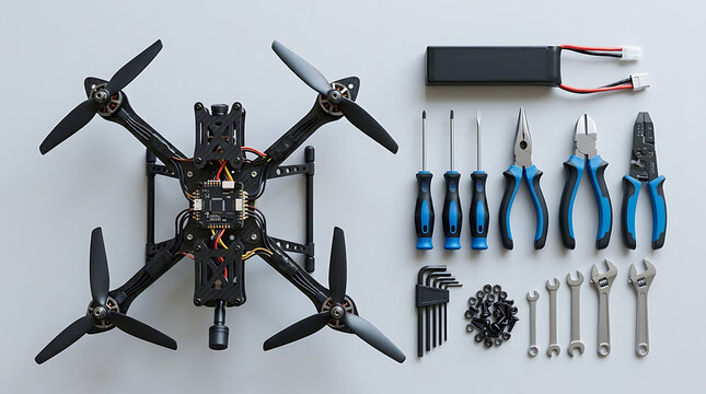 Assembling a Custom FPV Racing Drone Kit with Essential Mechanical Hand Tools and Lipo Battery