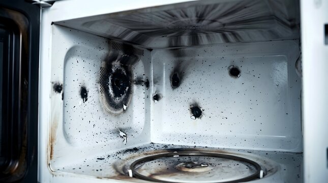 Burnt Microwave Oven Interior With Fire Damage. Black soot spray residue inside white kitchen appliance. Scorch marks, dirty chamber, messy debris. Maintenance and repair concept.