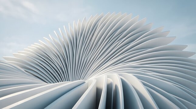 Architectural structure features futuristic parametric white fins twisting dynamically under a clear blue sky in a modern abstract design composition.