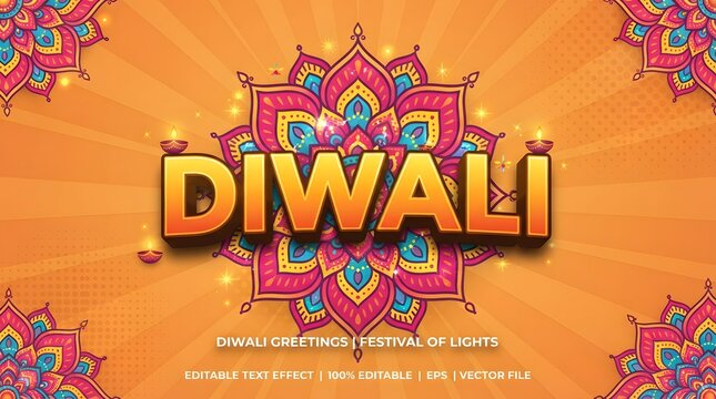 Diwali festival of lights greeting card design with 3d text effect, colorful mandala pattern, and traditional oil lamps on orange background