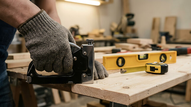 Dedicated craftsman's gloved hand expertly fastening wood with a staple gun in a busy workshop