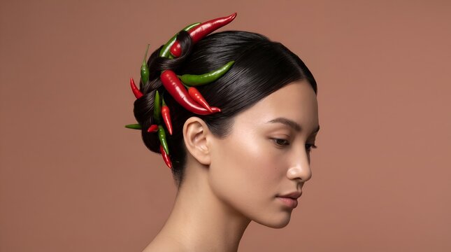 Beautiful Asian Woman with Creative Hair Bun Styled with Red and Green Chili Peppers