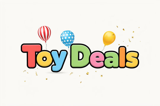 Toy Deals colorful typography with balloons and confetti. Playful retail discount banner for children shop. Vibrant toy sale promotion.