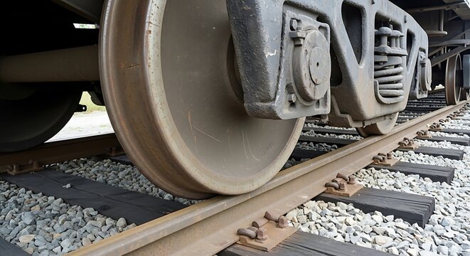 Train wheel on railroad tracks with gravel