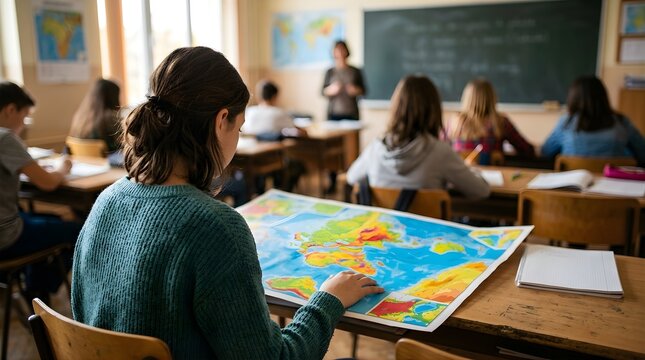 Student studying geography with a world map in a classroom lesson