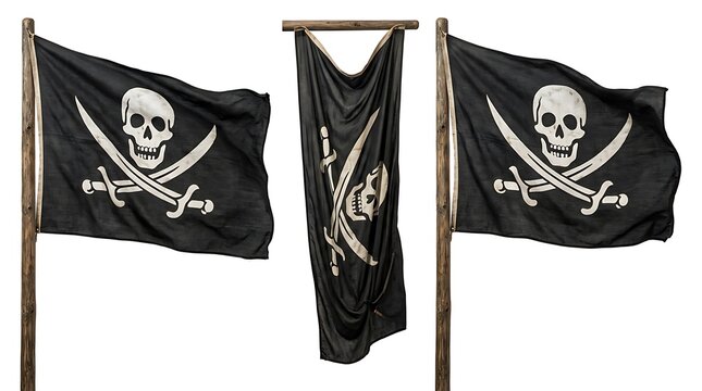 Three black pirate flags with skull and crossbones symbols wave representing themes of adventure risk and maritime danger