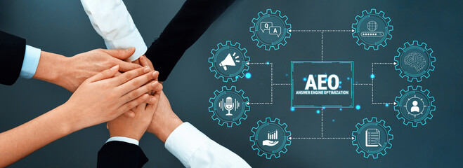 Fototapeta premium Collaborative Business Partnership with Hands Joining Over Digital Icons Representing Growth, Strategy, and Innovation in Modern Corporate Environment. Glyphic.