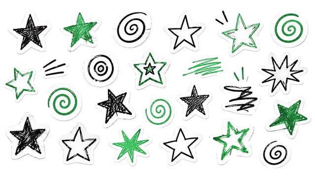 Minimalist black-and-white characters with green unky scrapbook star and spiral doodle stickers collection. Crayon drawn doodle collage stars for notes, diary.