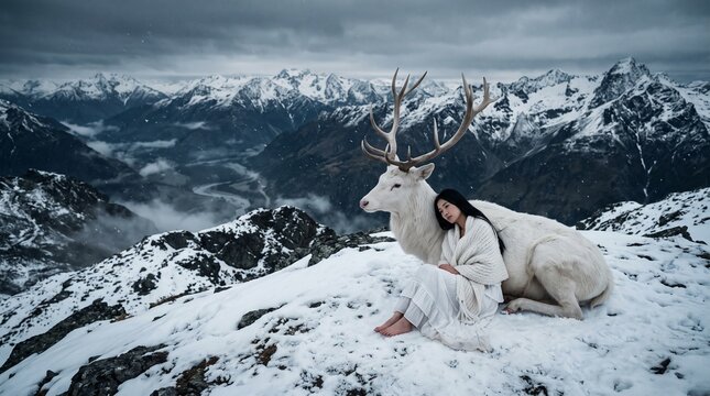Woman Sitting with White Deer on Snowy Mountain Peak